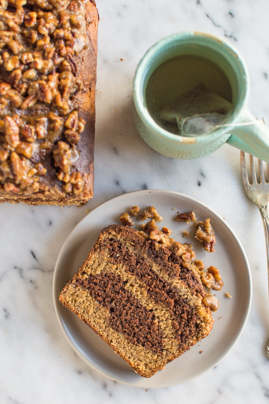 Banana Chocolate and Peanut Butter Swirl Bread with Pecan Praline